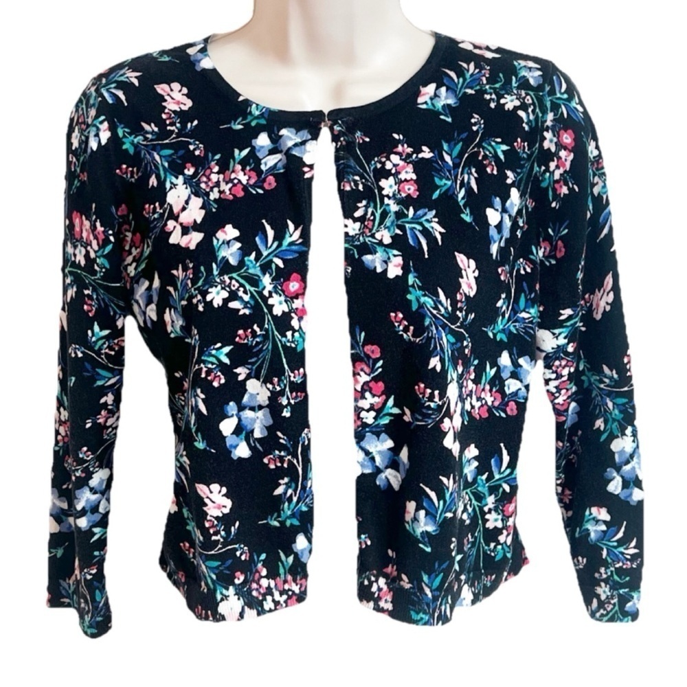 Talbots Floral Cropped Cardigan Sweater Black Blue Pink Small Crew Neck